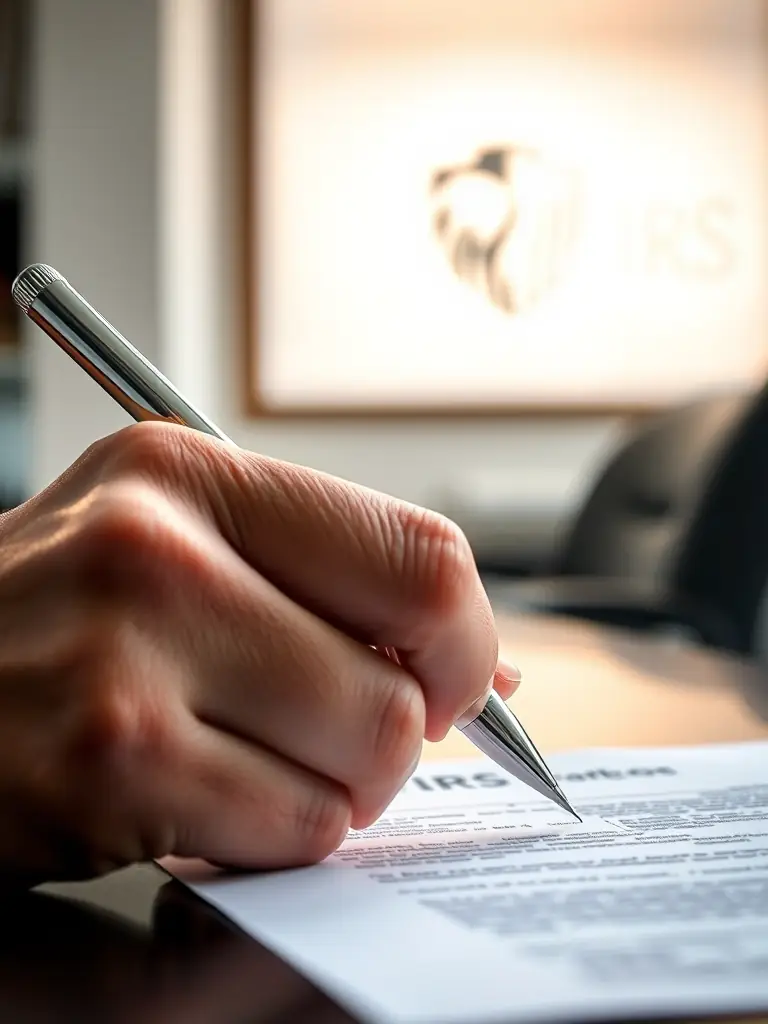 An image of a hand signing a document with the IRS logo subtly in the background, representing tax settlement agreements facilitated by KTG Tax LLC.