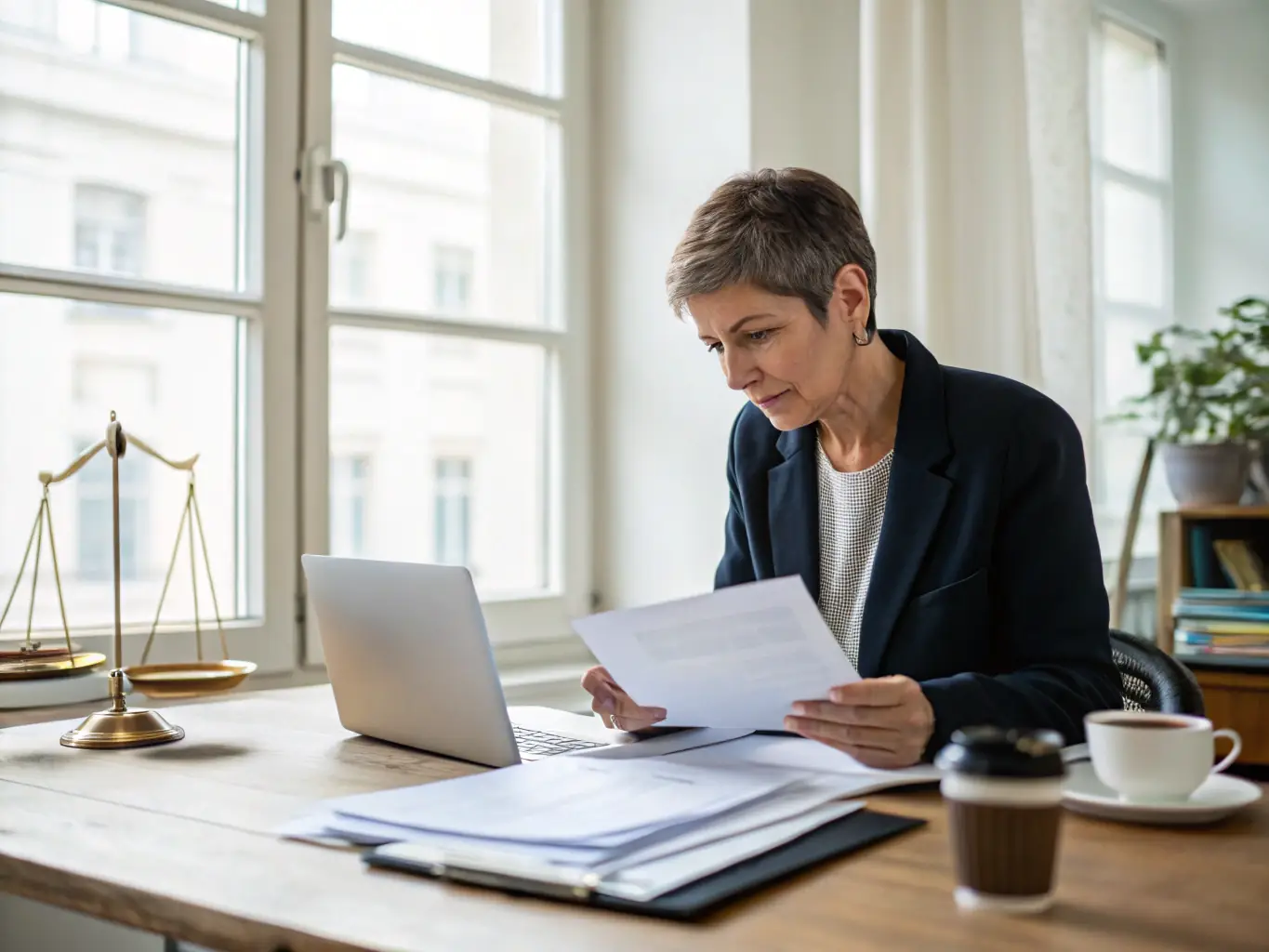 A professional tax lawyer reviewing a client's tax documents in a well-lit office, showcasing attention to detail and expertise.